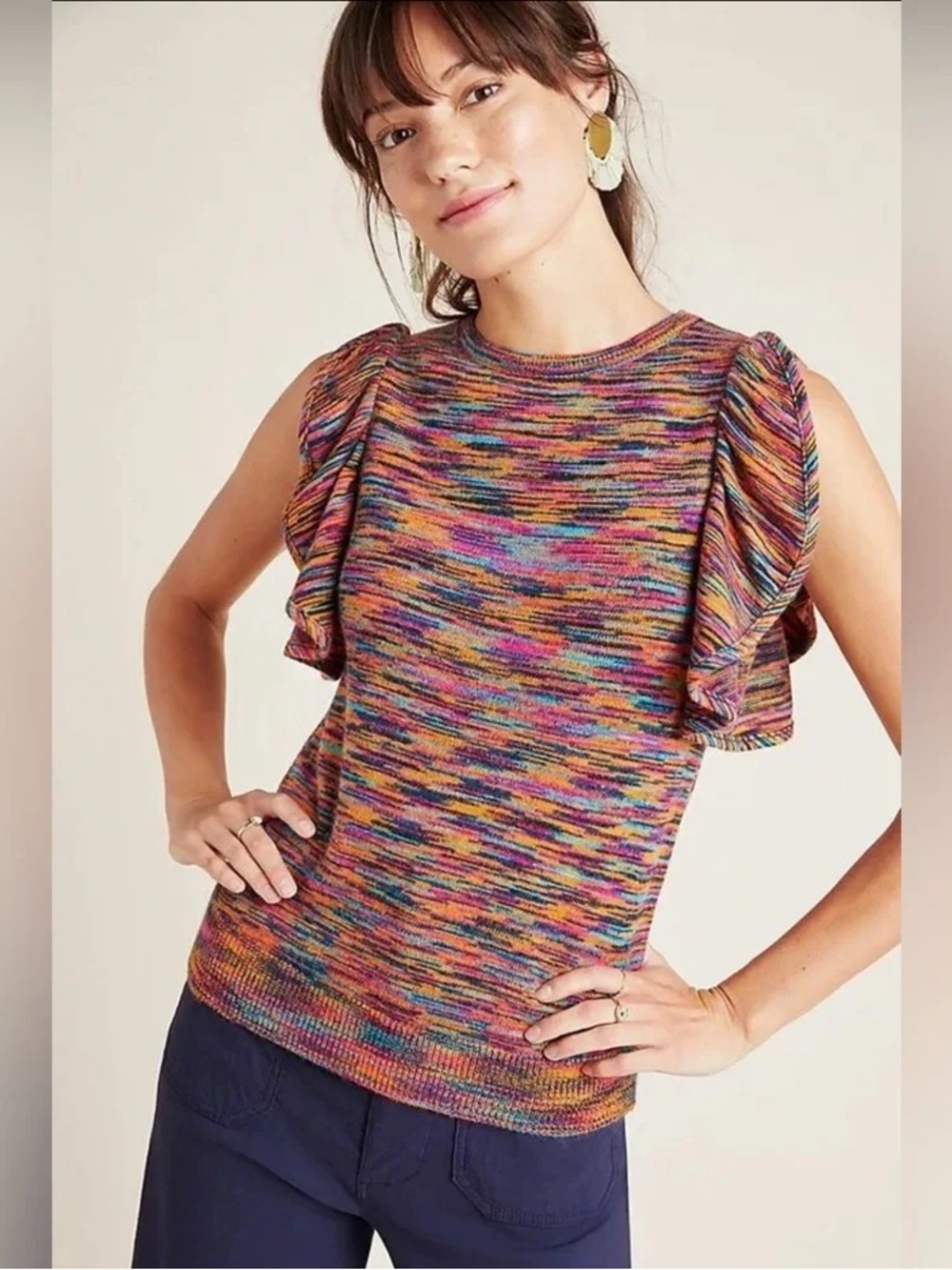 Anthropologie Colorful Ruby Flutter Sleeves Top L